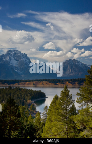 Einen atemberaubenden Blick auf Pinien und den See zum Grand Teton Berge unter einem dramatischen Himmel Stockfoto