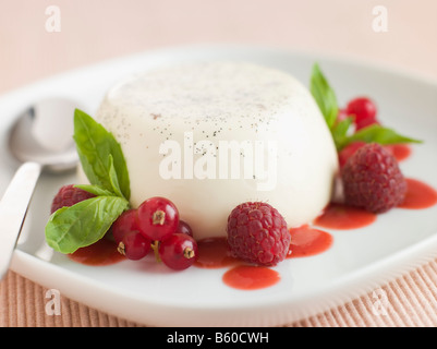 Vanille Pannacotta mit Himbeeren Johannisbeeren und Coulis Stockfoto