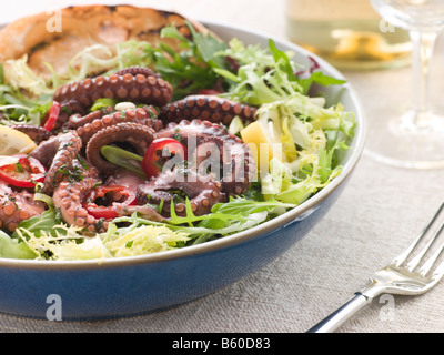 Baby-Oktopus-Salat mit Frisse Roquette und Chargrilled Brot Stockfoto