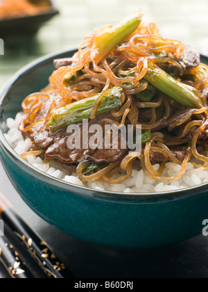 Süße Soja-Rinderfilet mit Shirataki Nudeln auf Reis Stockfoto