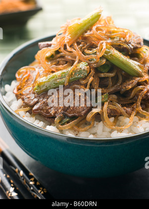 Süße Soja-Rinderfilet mit Shirakaki Nudeln auf Reis mit Shichimi Togarashi Pfeffer Stockfoto