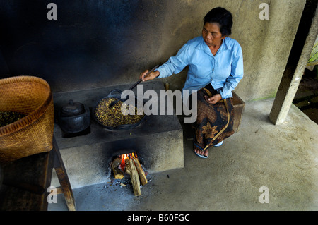 Balinesische Frau rösten Kaffee, Bali, Indonesien, Südostasien Stockfoto