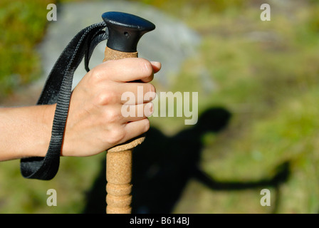 Hand mit einem trekking Stöcke, Detail, junge Frau, Wandern in den Bergen, Wald, Stubaital-Tal, Tirol, Austria, Europe Stockfoto