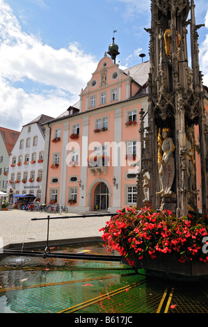 Marktbrunnen auf dem Marktplatz vor dem Rathaus, Rottenburg am Neckar, Baden-Württemberg Stockfoto