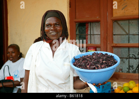 Frau mit einer Schüssel und bietet Ernährungsberatung, Frauen Bildungszentrum, Bamenda, Kamerun, Afrika Stockfoto