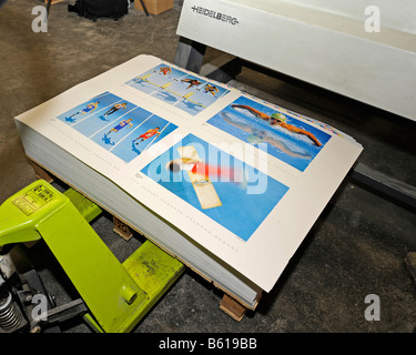 Nachweis über die manuelle Palettenhubwagen in einer Druckerei Kalender Stockfoto