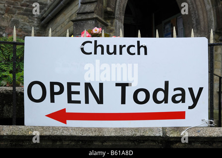 an open today sign outside a church Stockfoto