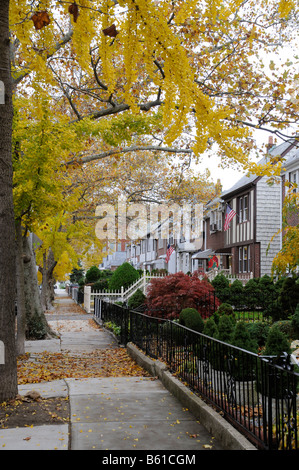 S-Bahn Häuser auf einer grünen Straße in Astoria Queens New York Amerika USA Stockfoto