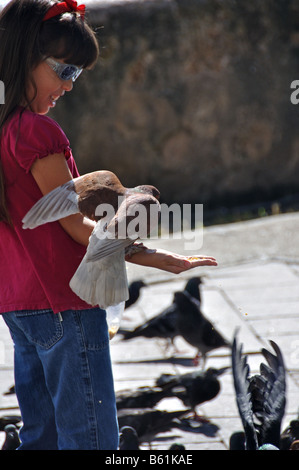 ein kleines Mädchen füttert eine Taube, der landet auf dem Arm in der Altstadt von San Juan, Puerto rico Stockfoto