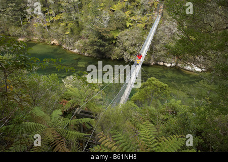 Passanten Abel Tasman Coastal Track am Wasserfall Fluss Hängebrücke Nelson Region Südinsel Neuseeland Stockfoto