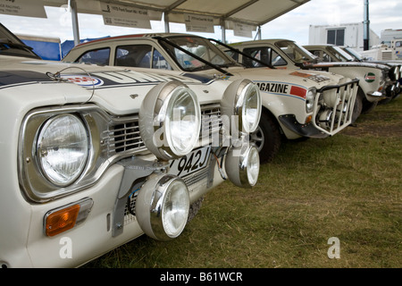 Klassische 1970 Ford Escort Rallye-Autos aufgereiht im Fahrerlager beim Goodwood Festival of Speed, Sussex, UK. Stockfoto