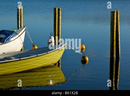 Boote vertäut am Nichol Ende Marine am Derwent Water, in der Nähe von Keswick, Nationalpark Lake District, Cumbria, England UK Stockfoto