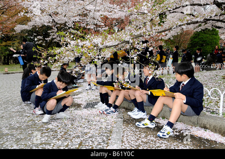 Schulkinder in der Uniform eines elitären Grundschule handlungsorientierten Unterricht im Botanischen Garten in Kyoto, Stockfoto