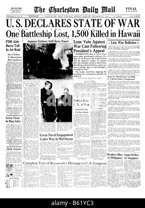 Titelseite einer 1941 US-Zeitung über den japanischen Überfall auf Pearl Harbor Stockfoto