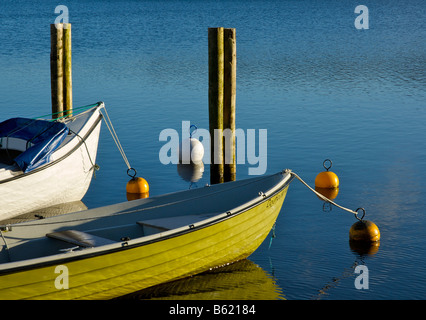 Zwei Boote vertäut am Nichol Ende Marine, Derwent Water, Nationalpark Lake District, Cumbria, England UK Stockfoto