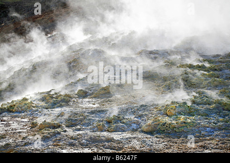 Dampfende Schwefel bedeckt Löcher und Brüche, Geothermie Region von Seltun auf Island, Island, Südeuropa Stockfoto