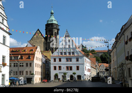 Markt, Canaletto-Haus, Pfarrkirche St. Marien, Pirna, Sachsen, Deutschland, Europa Stockfoto