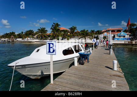 Tauchen Boot gebunden an der Pier von der Sonne Breeze Hotel, San Pedro, Ambergris Cay Insel, Belize, Mittelamerika, Karibik Stockfoto