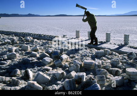 Werke von Extracion Salzblöcke von Fredy realisiert. Salar de Uyuni. Bolivien. Stockfoto