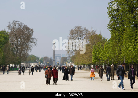 Besucher des Jardin des Tuileries in Paris schlendern zusammen mit dem Place De La Concorde und den Arc de Triomphe dahinter Stockfoto