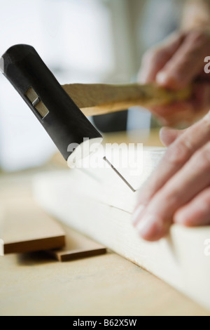 Nahaufnahme einer Person Hand Hämmern einen Nagel Stockfoto