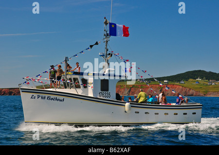 Acadian Fischer Day Feierlichkeiten auf Booten im Iles De La Madeleine Quebec Kanada Stockfoto