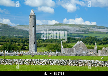 Die zerstörten Kirchen und runder Turm von Kilmacduagh Monastery, der Burren, County Galway, Irland. Stockfoto