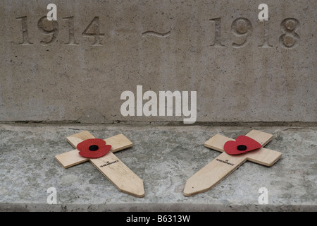 Holzkreuze mit Mohnblumen unterhalb 1914 1918 Carven auf einem Kriegerdenkmal für Gedenktag 11. November Stockfoto