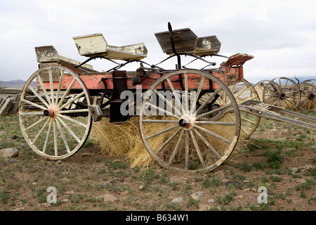 Aufgegeben von Pferdewagen auf einer Wiese, Old Trail Town, Cody, Wyoming, USA Stockfoto