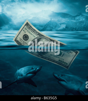 Nahaufnahme von hundert-Dollar-Schein im Wasser versinken Stockfoto