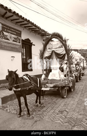 Pferd mit einem Wagen dekoriert für eine Parade, Tibasosa, Boyacá, Kolumbien, Südamerika Stockfoto