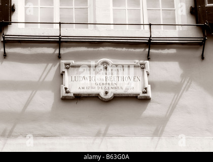 Gedenktafel außerhalb das Beethovenhaus in Bonn, Deutschland. Das Haus, in dem Ludwig van Beethoven im Dezember 1770 geboren wurde. Stockfoto