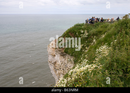 Vogelbeobachter versammeln, um brütende Vögel auf den Klippen am Bempton Klippen RSPB Reserve East Yorkshire England sehen Stockfoto