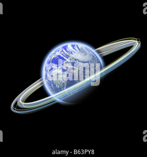 Eine glühende Planet Erde Illustration mit leuchtenden Ringen von Licht um ihn herum drehen Stockfoto