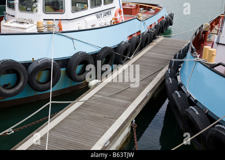 Eine Nahaufnahme von Schleppern vertäut in Camber Dock, Portsmouth, Hampshire, England. Stockfoto