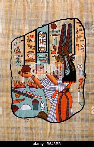 Ägypten, Kairo, Gemälde aus pharaonischen Zeiten auf Papyrus Papier. Stockfoto