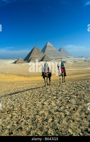 Ägypten, Kairo, Pyramiden von Gizeh (Gizeh), Mensch und Touristen (Frau) mit Kamel. Stockfoto