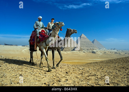 Ägypten, Kairo, Pyramiden von Gizeh (Gizeh), Mensch und Touristen (Frau) mit Kamel. Stockfoto