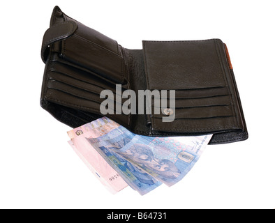 Schwarze Leder-Geldbörse mit Papiergeld eröffnet Stockfoto