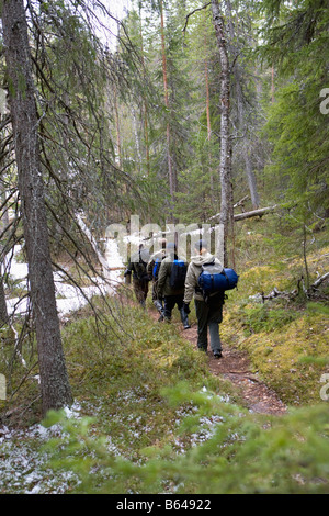 Finnland, Ruhtinansalmi, in der Nähe von Suomussalmi Wildlife Centre Martinselkonen Erakeskus. Touristen, Fotografen unterwegs. Stockfoto