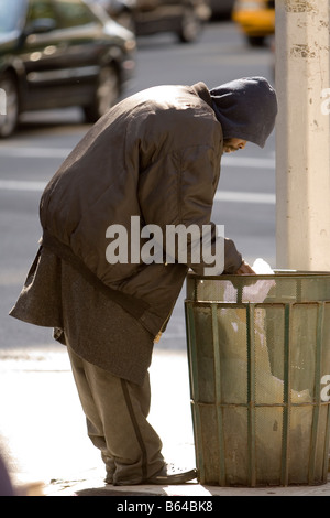 Obdachloser auf der Suche nach Nahrung im Müll.  Manhattan NY USA Stockfoto