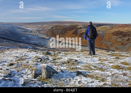 Hill-Walker, genießen den Blick entlang des Flusses Tees in Richtung Falcon Clints aus Cronkley fiel im oberen Teesdale County Durham UK Stockfoto