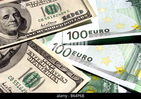 Dollar und Euro-Noten Stockfoto