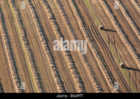 Luftaufnahme von diagonalen Linien des goldenen geernteten Weizenstroh, Ballen und Traktor verfolgt. Stockfoto