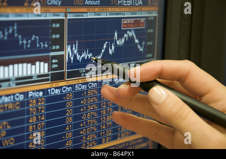 Bildschirm für Aktien- und Aktienhandel aus nächster Nähe. Finanzmärkte. Stockfoto