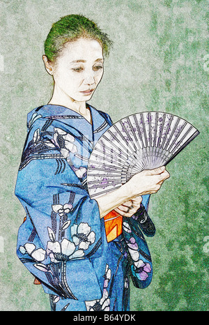 Illustration von einer Japanerin in einem Kimono mit einem Ventilator. Digitale Ableitung von einem Originalfoto. Stockfoto