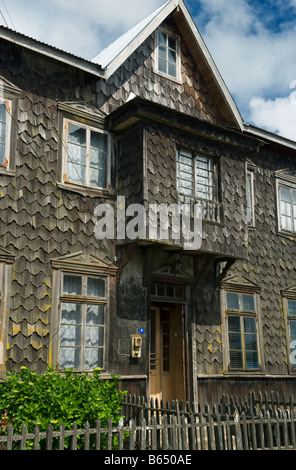 Chile, Chiloé Insel, Isla Quinchao, Curaco de Velez, Historic Schindeln 19. Jahrhundert Häuser Stockfoto