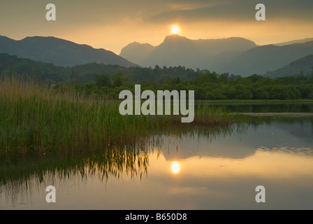 Trübe Sonnenuntergang über Elter Wasser und Langdale Pikes, Langdale Valley, Lake District National Park, Cumbria, England UK Stockfoto