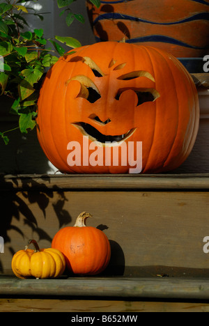 Orange und gelbe Halloween Kürbisse auf eine hölzerne Treppe von einem traditionnellen kanadischen Westküste Haus Stockfoto