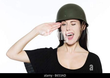 Studio, Porträt auf isolierten weißen Hintergrund einer schönen lustige Frau expressive erschossen Stockfoto